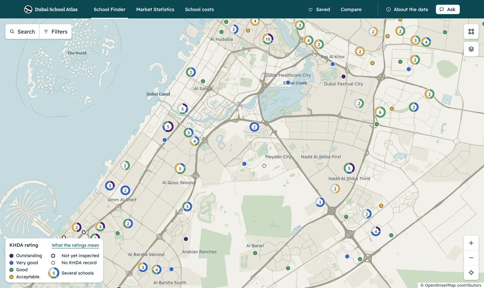 The Dubai School Finder: a map of Dubai with each private school marked by its KHDA inspection rating.