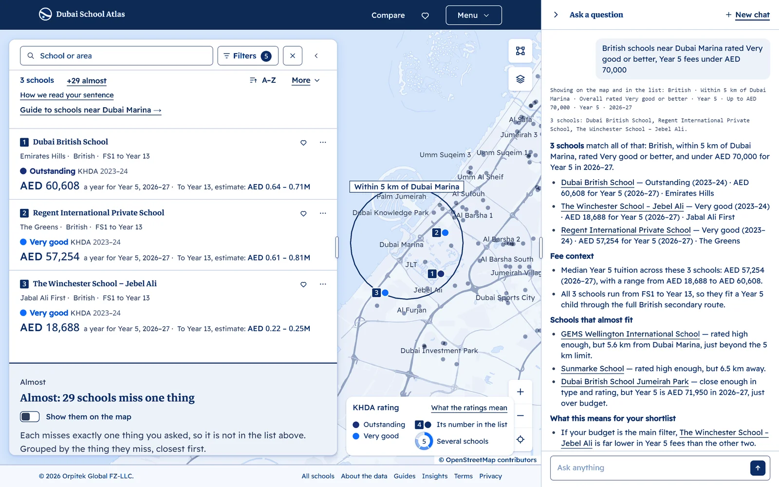 Dubai School Atlas answering a question about British schools near Dubai Marina: three matching schools on the map and in the list, with the written answer beside them