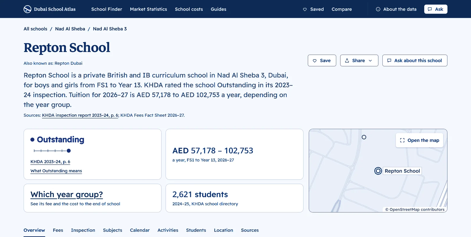 Dubai School Atlas school profile with its KHDA rating, 2026–27 tuition range, number of students and links to the inspection report and Fees Fact Sheet